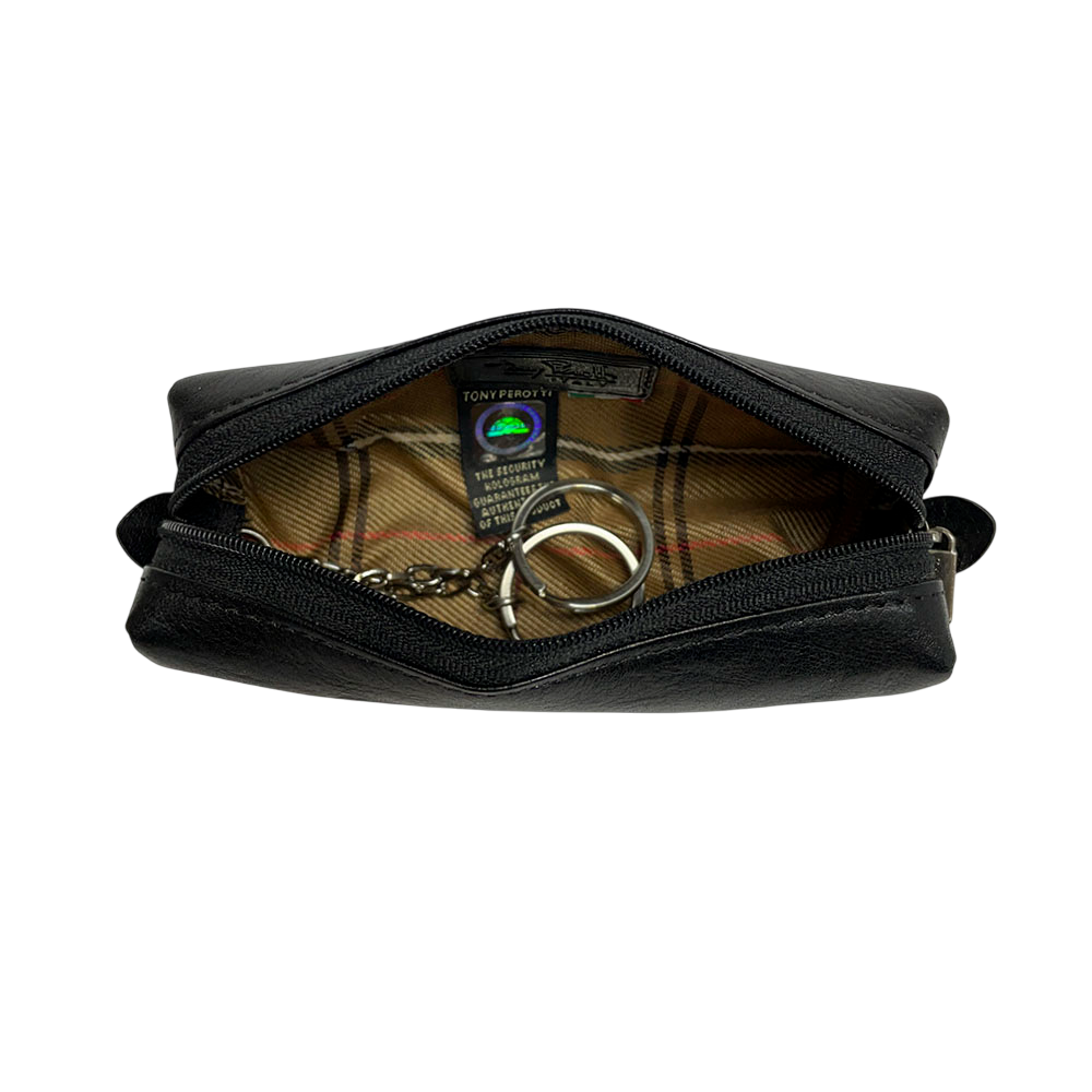 Open black leather key pouch with woven check lining and Tony Perotti hologram tag — Italico 3297 nero