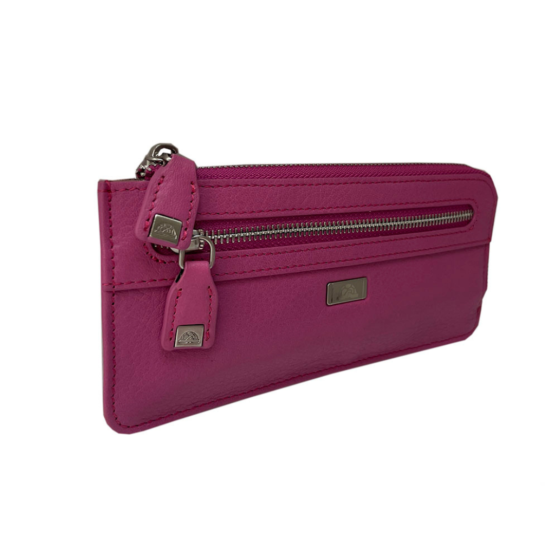 Tony Perotti Contatto 2376 dalia — at an angle, showing the full-width zip pocket on the front and the side tab plaque
