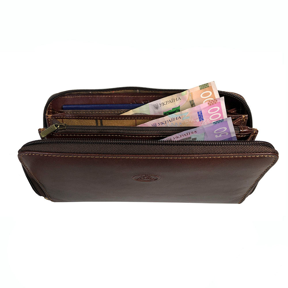 Dark brown Italico 3528-21 opened from the top — banknotes and a pen inside the compartments