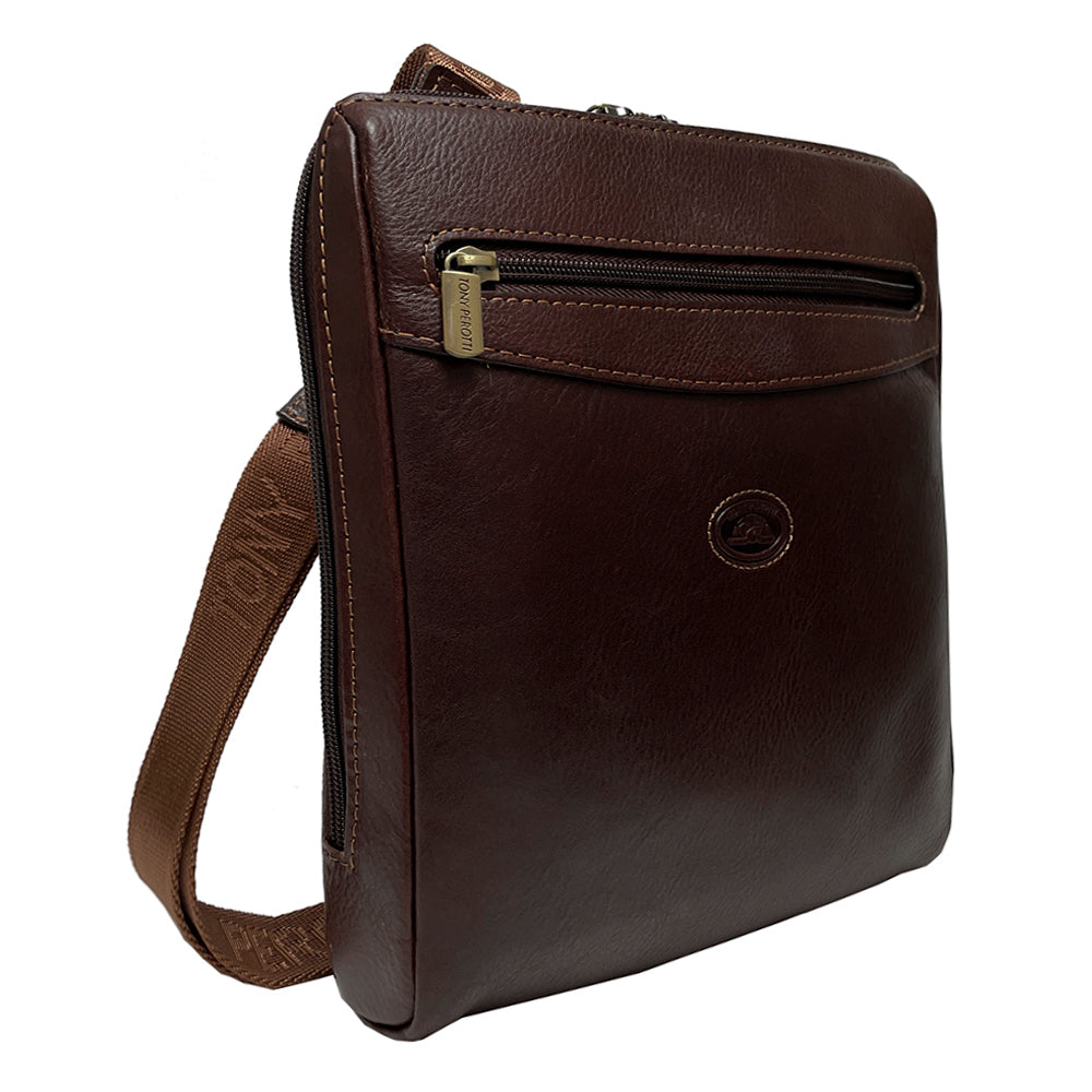 Angled view of the Tony Perotti Italico 9137-20 dark brown crossbody bag showing glossy full-grain bull leather