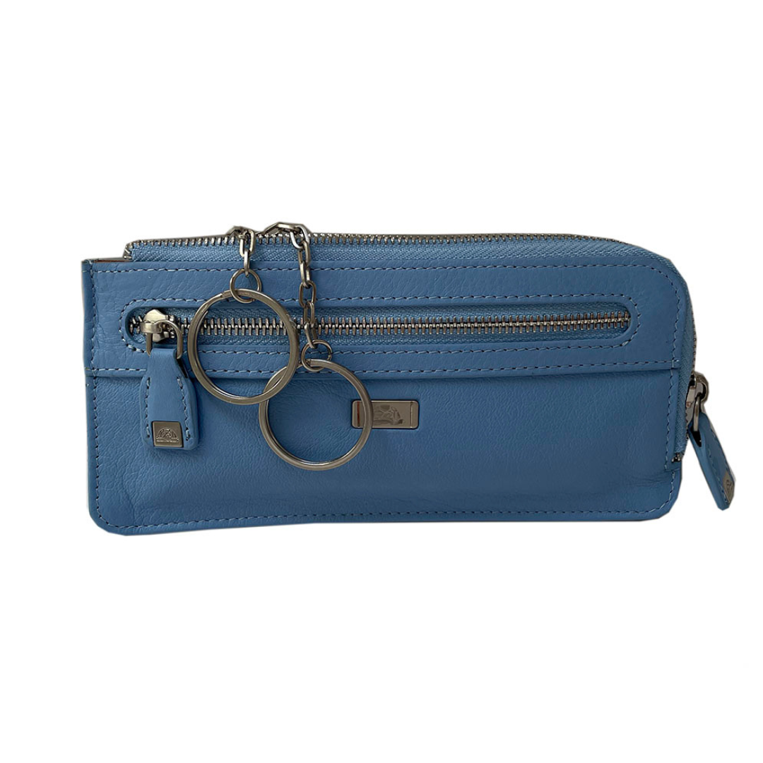 Tony Perotti Contatto 2376 baby — blue leather key pouch with the two rings on chains pulled out and the silver turtle plaque on the front