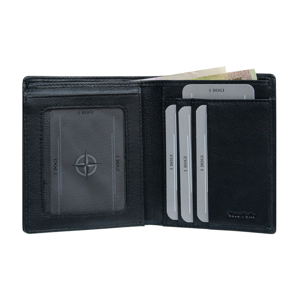Black leather bifold wallet card layout detail — Tony Perotti Cortina 5079