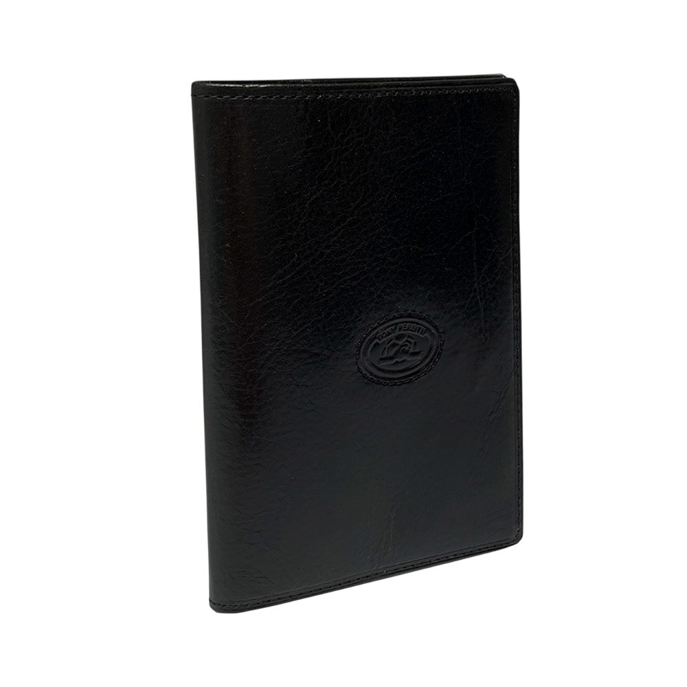 Angled view of the black glossy Tony Perotti Italico 3614 nero passport cover showing the rope-rim emblem and tonal stitching