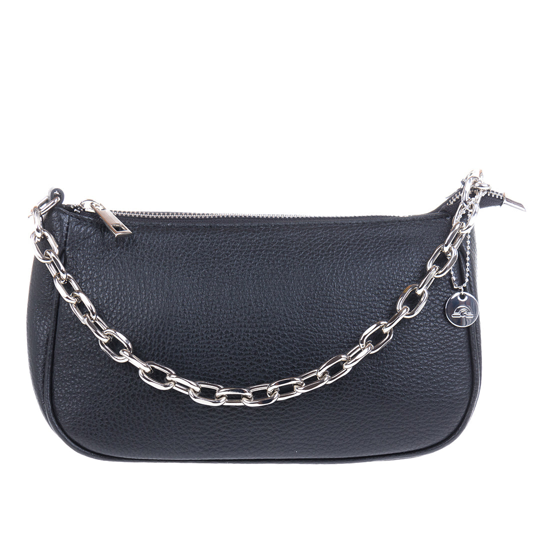 Tony Perotti Borsa CA045-02BK nero black leather handbag with the metal chain alone — round Tony Perotti charm on the zip pull