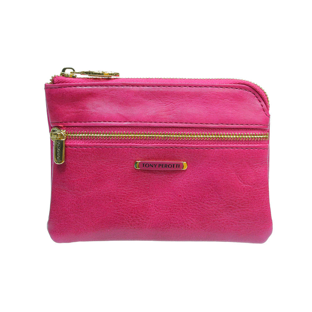 Tony Perotti Topkapi 3461 geranio — the pink leather card holder closed, gold zips along the top and across the front