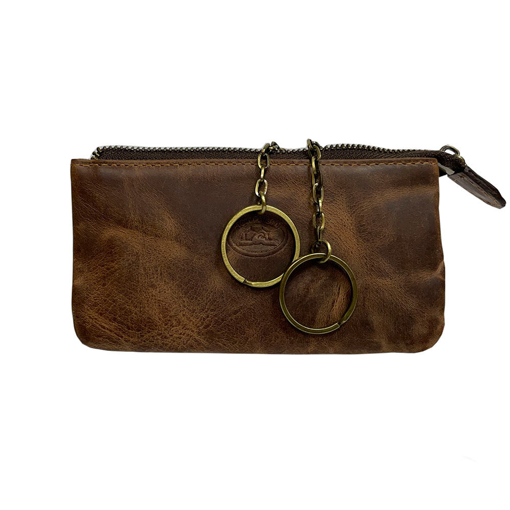 Tony Perotti Arno 3350 whisky tan leather key case — front with the embossed turtle emblem and two antique brass key rings on chains