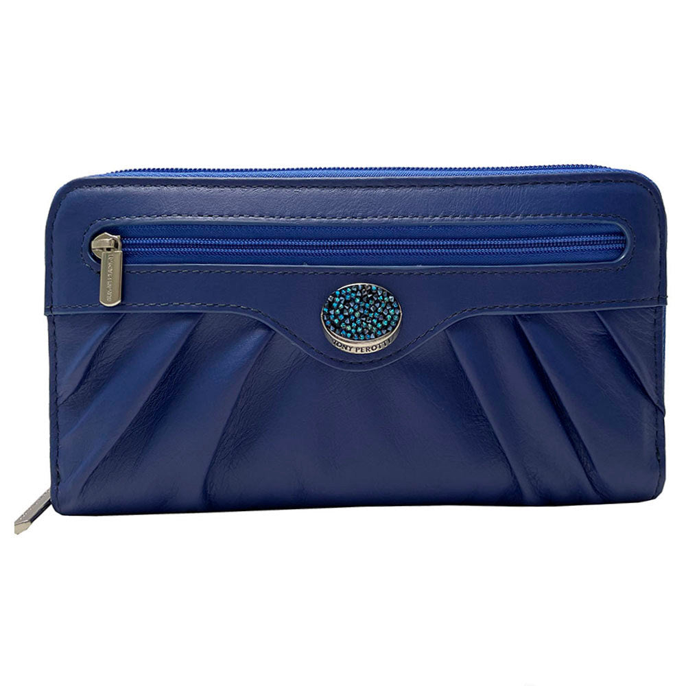 Tony Perotti Swarovski 3160 labelia sapphire blue leather wallet with blue crystal medallion — handcrafted in Italy