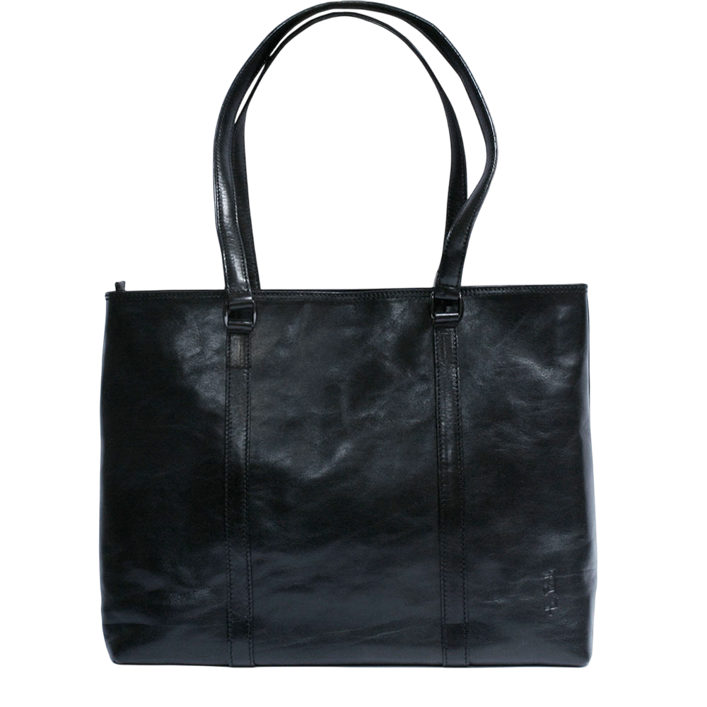 Tony Perotti Italico 8225 nero black leather tote — back panel with the embossed Tony Perotti signature in the lower corner