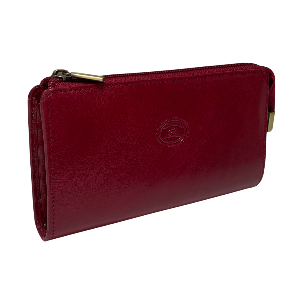 Tony Perotti red leather zip wallet — closed angled view with embossed turtle logo