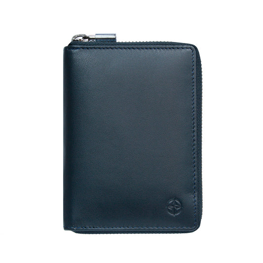 Navy Tony Perotti Cortina 5086 compact zip-around wallet seen straight on, closed, with the embossed compass rose in the lower corner
