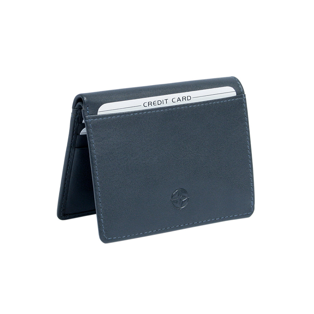 Tony Perotti Cortina 5045 navy — the navy card wallet standing open, with a card in the outer front pocket