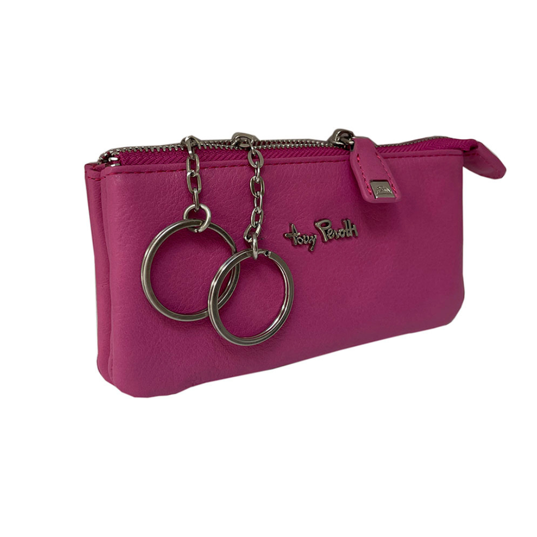 Tony Perotti Contatto 3350 dalia — the pouch at an angle, showing the zip and the leather tab with the turtle plaque