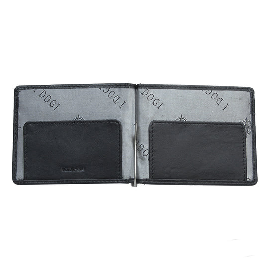 Open black leather money clip wallet with metal clip and branded lining — Tony Perotti Cortina 5040
