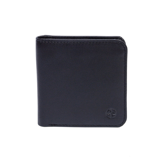 Tony Perotti Cortina 5019 small square bifold wallet seen straight on, closed, with the embossed compass rose (black colourway shown)