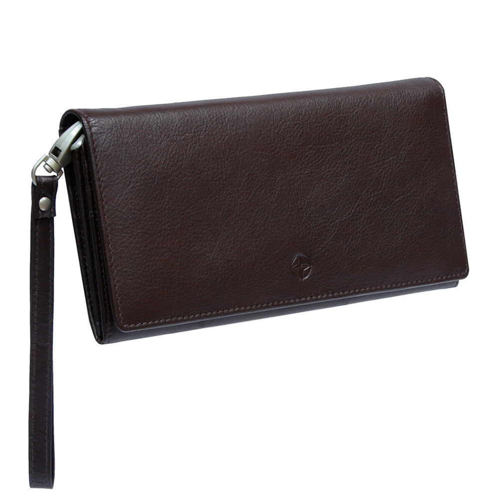 Dark brown Tony Perotti Cortina 5066 clutch wallet standing at a three-quarter angle with the wrist strap hanging from the hook