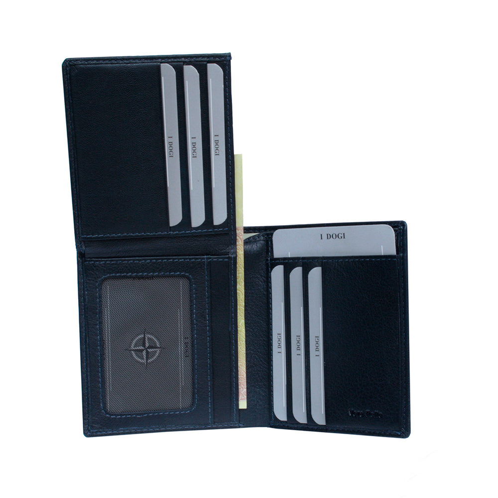 Open navy leather bifold wallet with many card slots and ID window — Tony Perotti Cortina 5079