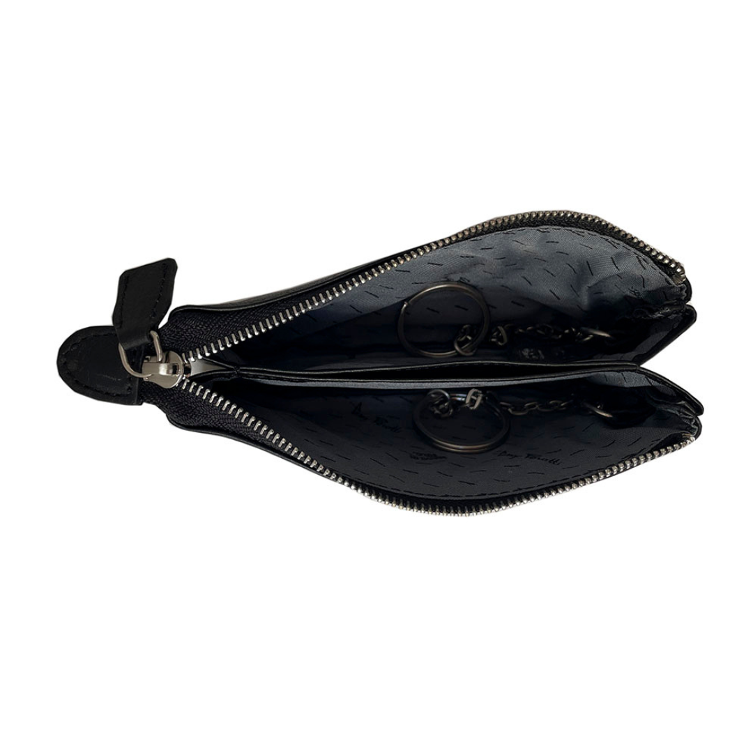 Tony Perotti Contatto 3350 nero — opened: two compartments split by a leather divider, a ring on a chain in each