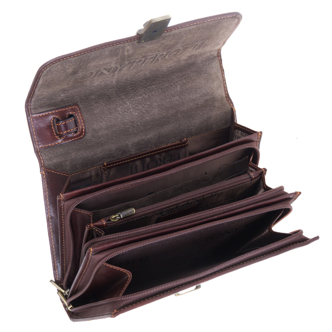 Italico 9337 opened — suede flap lining embossed with Tony Perotti and three inner sections with a phone pocket