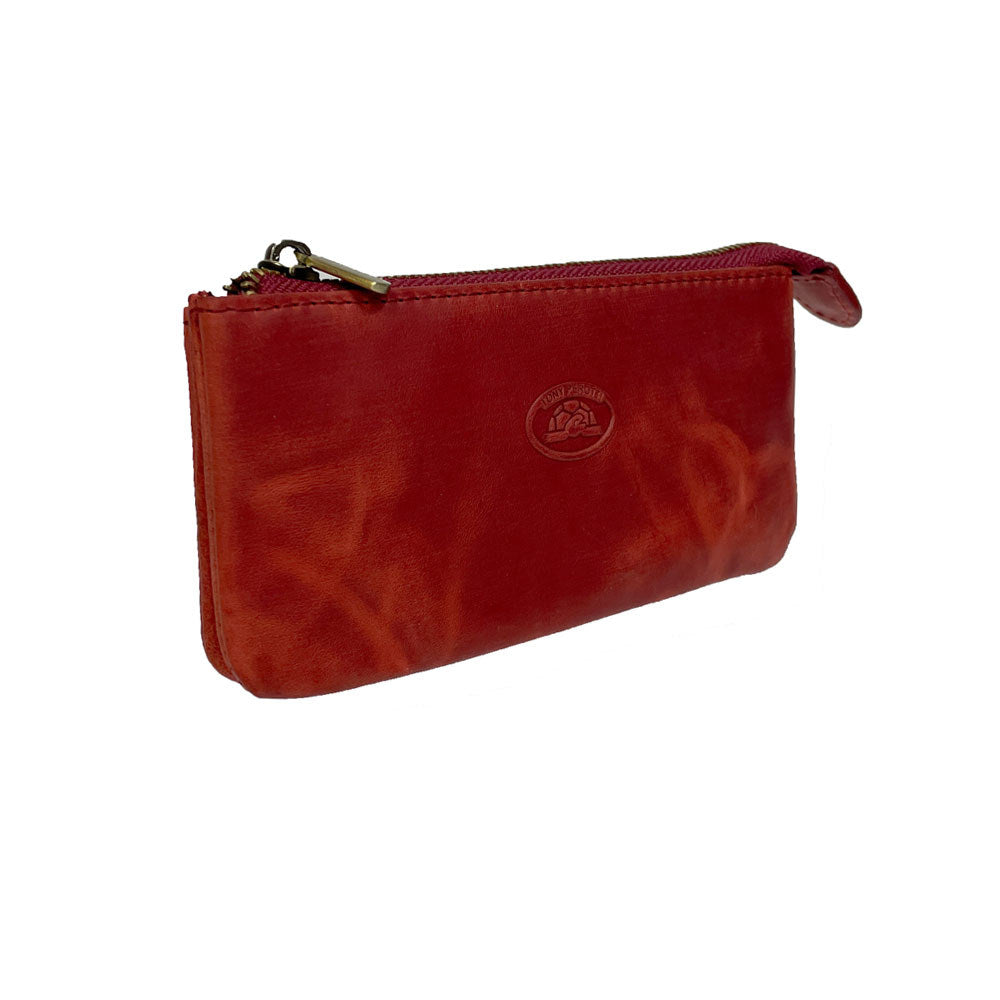 Red Arno 3350 key case at an angle — flat zip pouch showing the depth of the two compartments