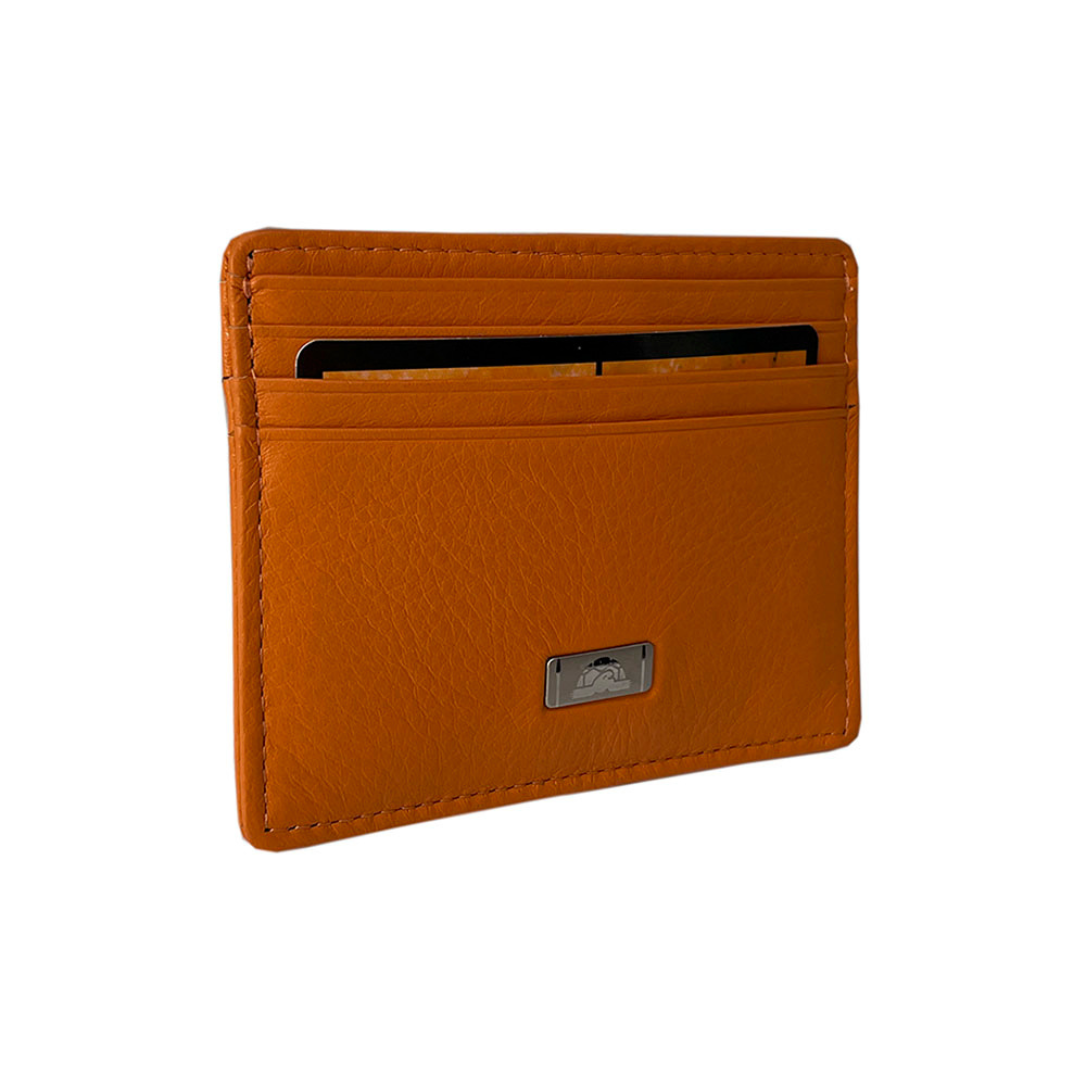 Orange leather card holder Tony Perotti Contatto 2236N arancio at an angle showing its slim profile and tonal stitching
