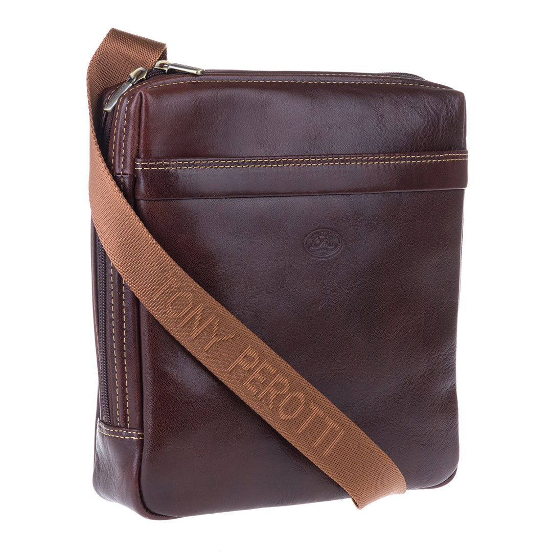 Tony Perotti men's dark brown bull leather crossbody bag with light brown jacquard strap — Italico 6001 moro