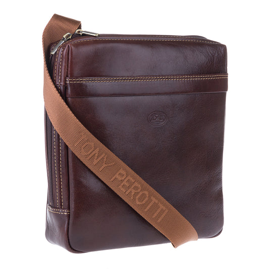 Tony Perotti men's dark brown bull leather crossbody bag with light brown jacquard strap — Italico 6001 moro
