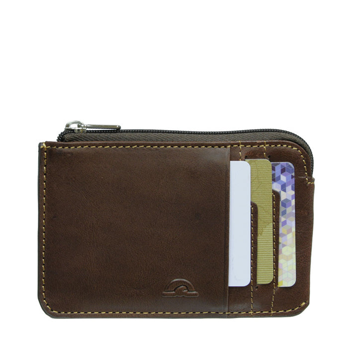 Tony Perotti Nevada 3825+RFID moro RFID zip card holder in dark brown leather with embossed emblem and three card slots