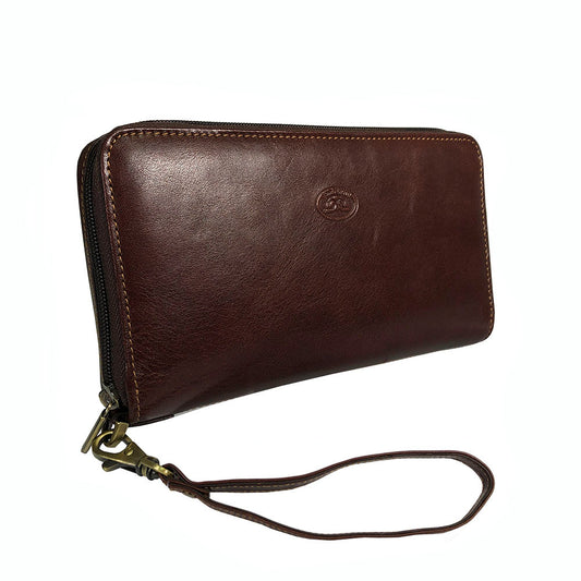 Dark brown Italico 3528-21 wallet-clutch with the detachable wrist strap on an antique brass snap hook