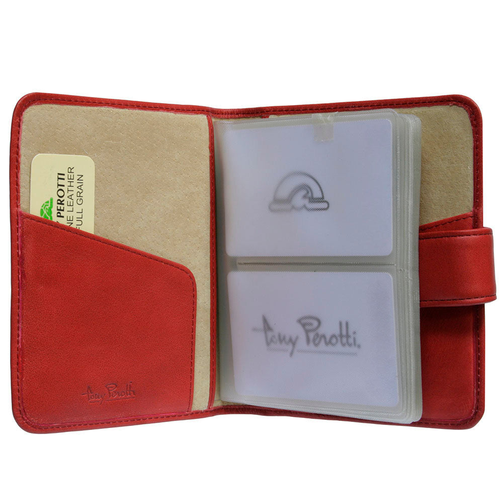 Tony Perotti Contatto 2612 rosso — opened, showing the removable clear insert and the beige inner panel