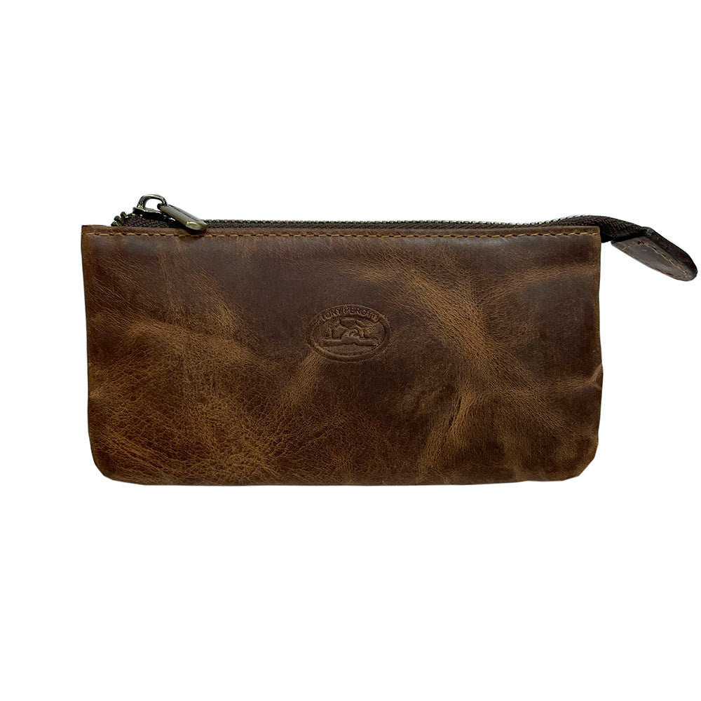 Tan Tony Perotti key case handcrafted in Italy — front view with the rings tucked inside and a leather zip pull