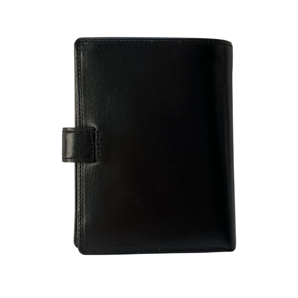 Back of the black leather passport wallet Tony Perotti Italico 3274A nero with the closure tab