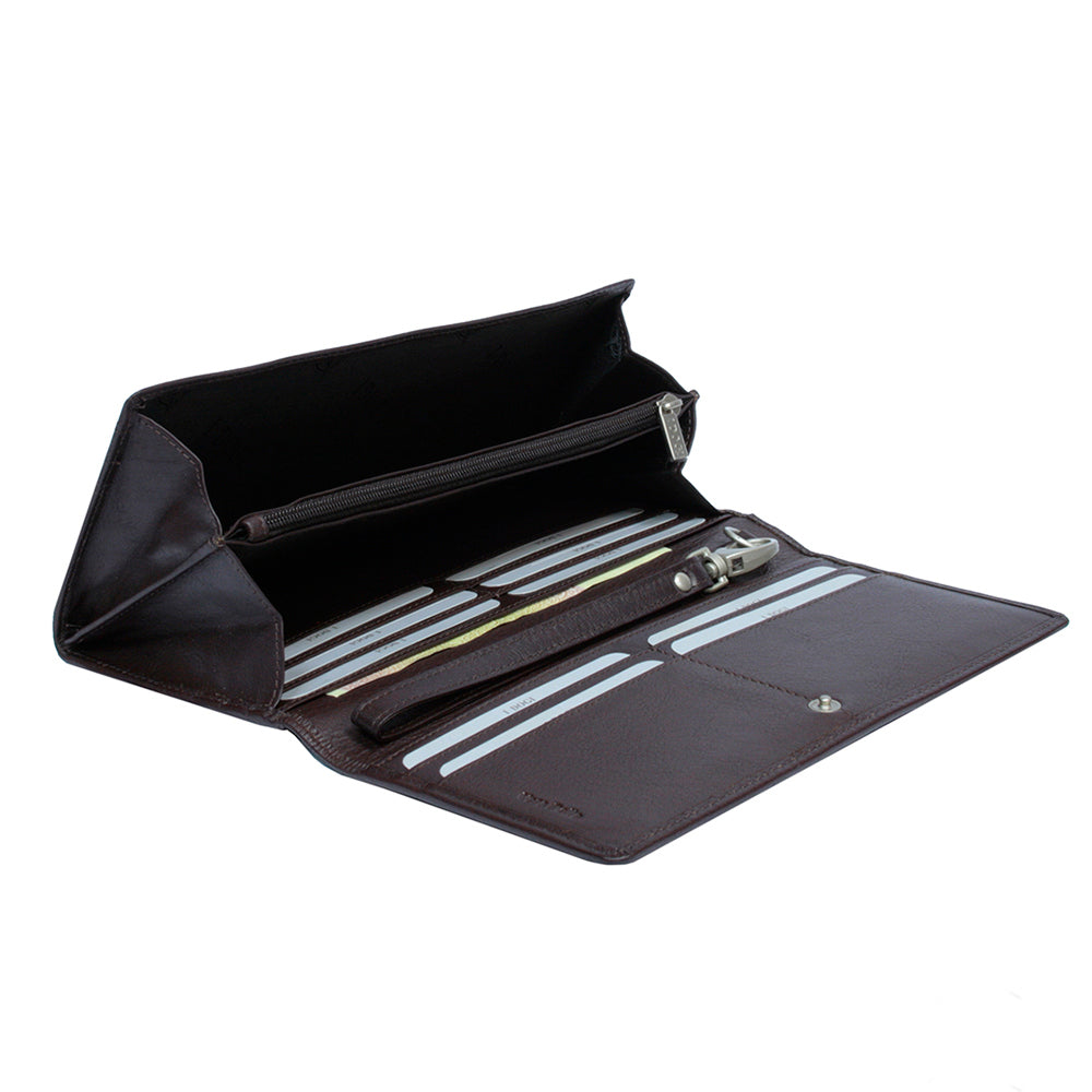 Tony Perotti Cortina 5066 moro opened — two rows of card slots, a zipped pocket along the top and the press stud on the flap