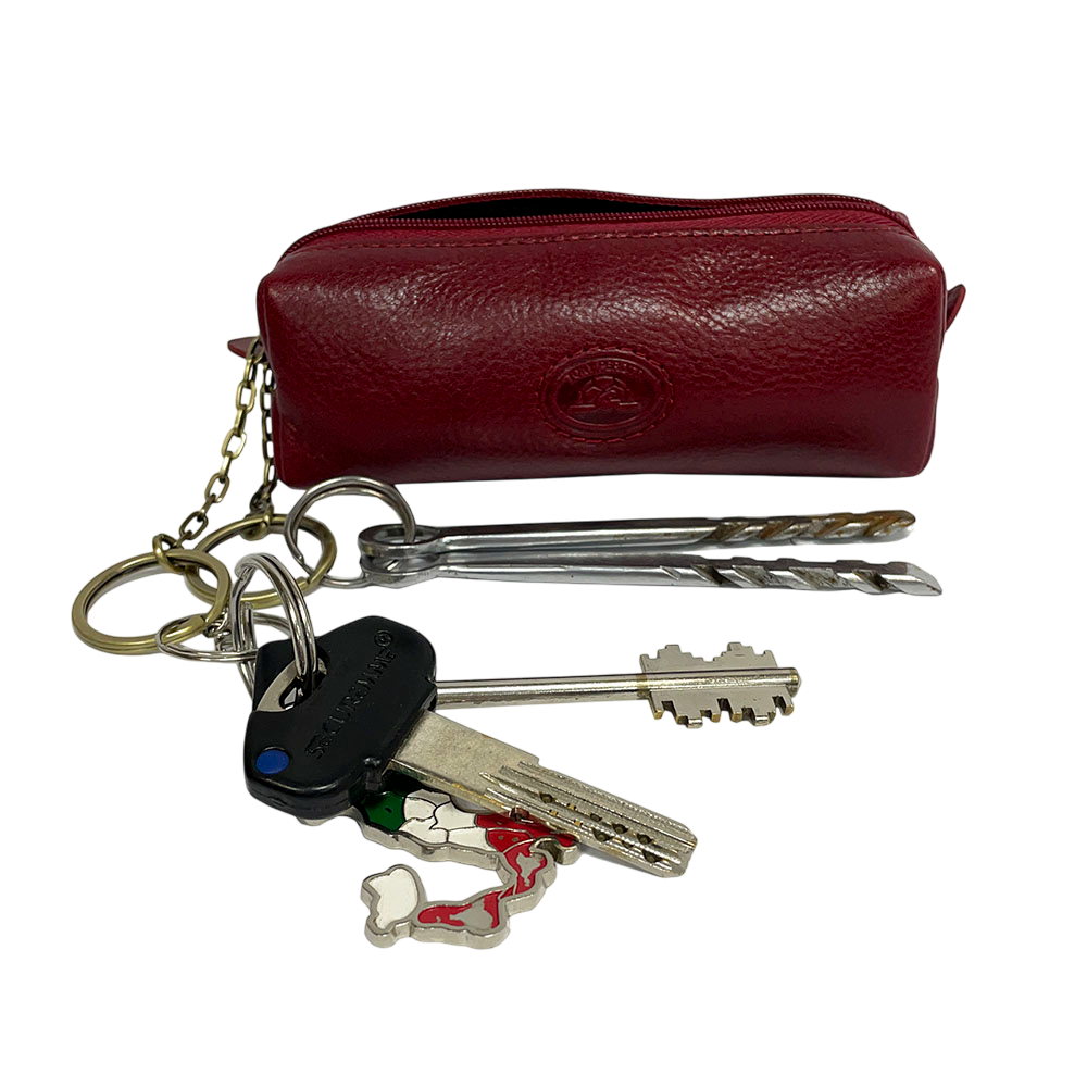 Red leather key pouch shown with a full bunch of keys attached to its rings — Tony Perotti Italico 3297 rosso