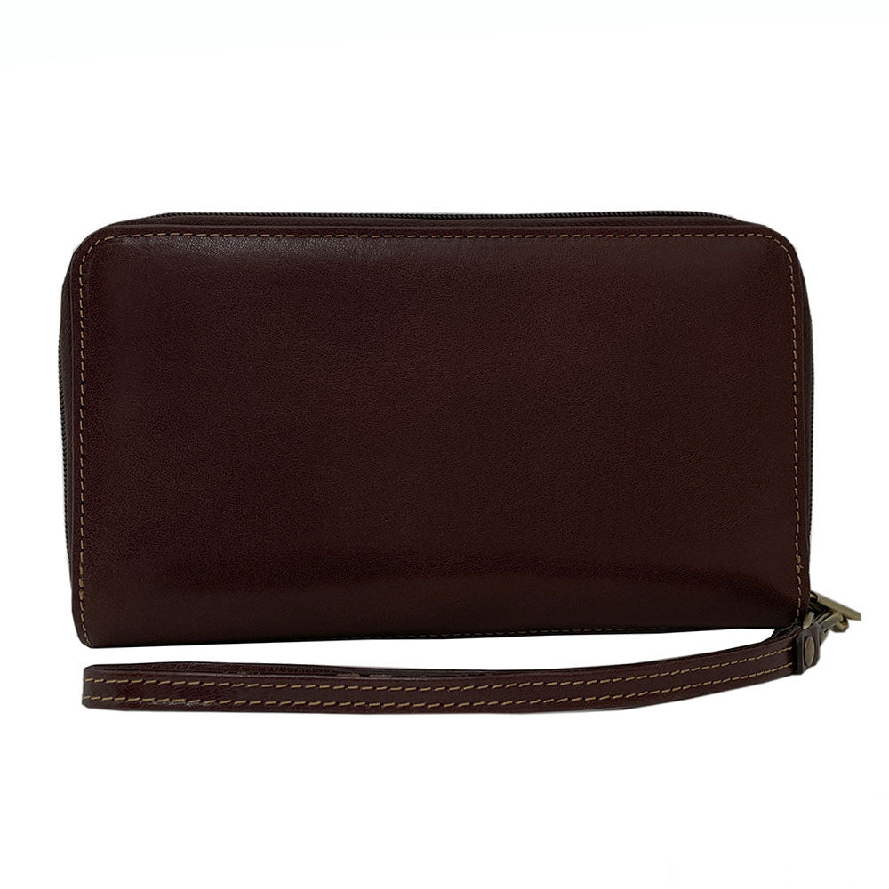 Back of the dark brown Italico 3668 clutch — smooth glossy bull leather and antique brass zip pullers