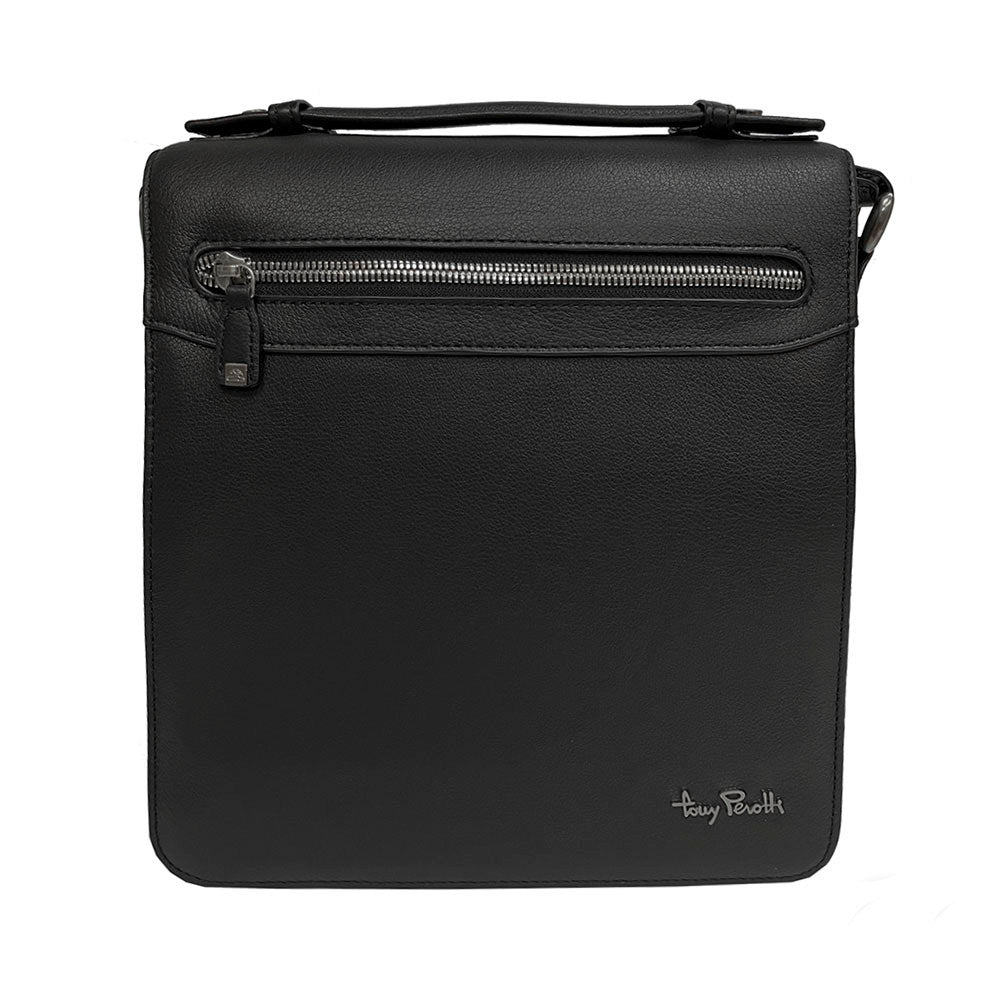 Front of the black Contatto 9207-24 — full-width zip pocket, short leather handle and the metal Tony Perotti signature