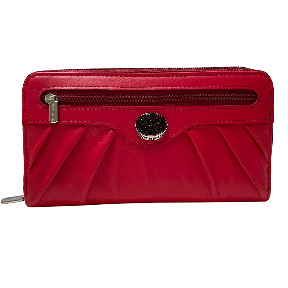 Tony Perotti Swarovski 3160 marlboro red leather wallet with crystal medallion and front zip pocket — handcrafted in Italy