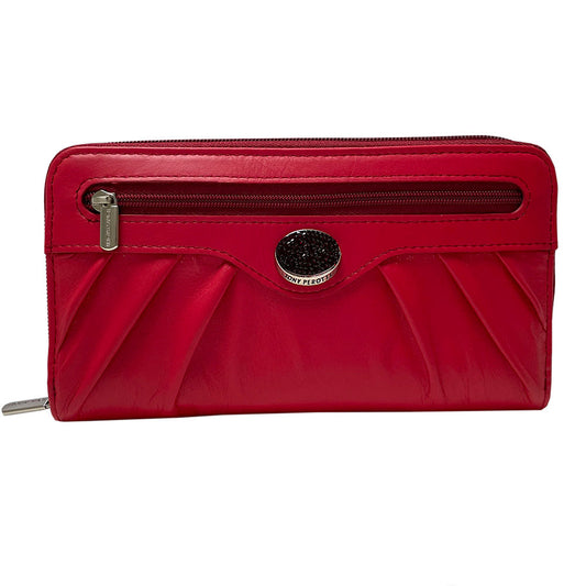 Tony Perotti Swarovski 3160 marlboro red leather wallet with crystal medallion and front zip pocket — handcrafted in Italy