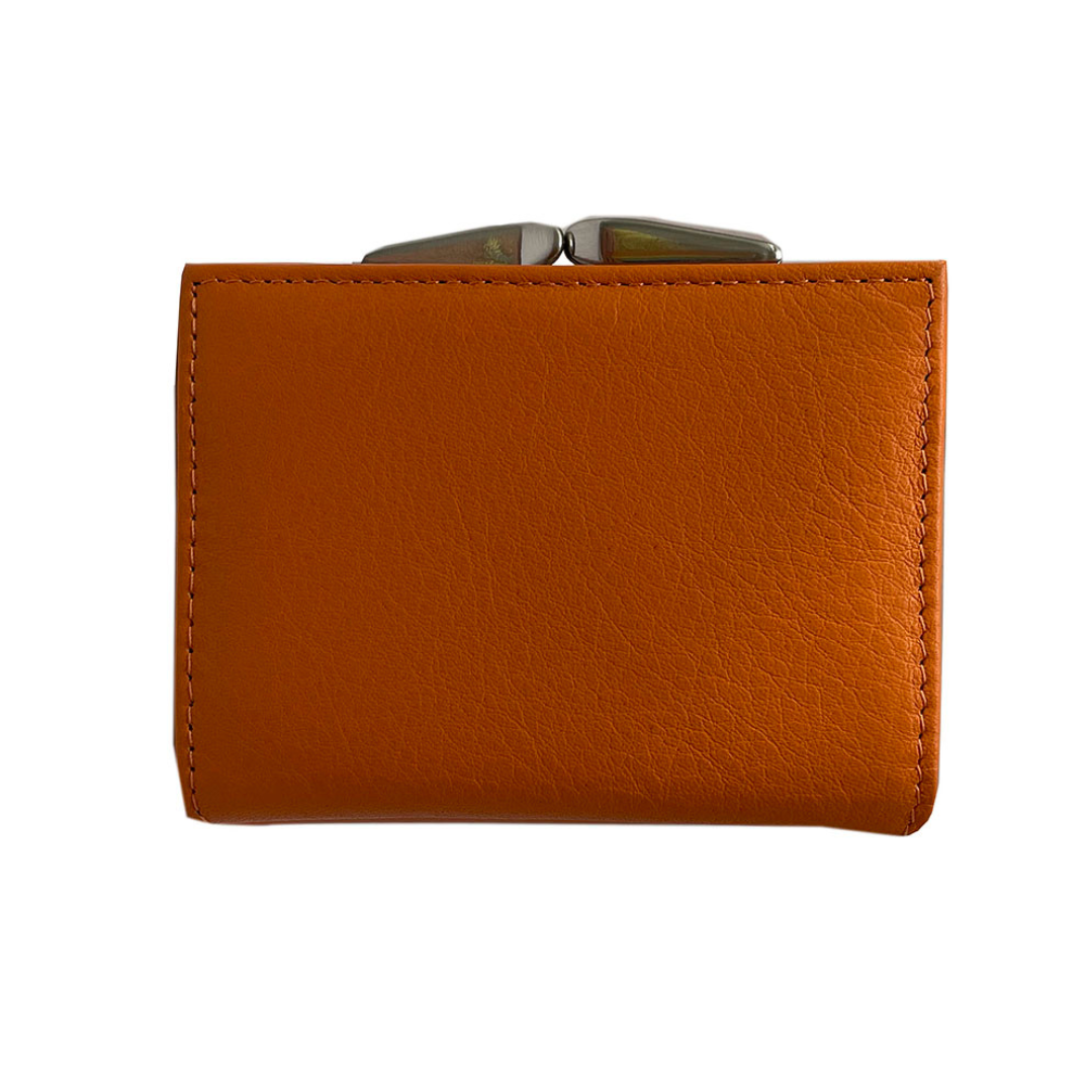 Tony Perotti orange leather wallet — back view with kiss-lock coin pocket