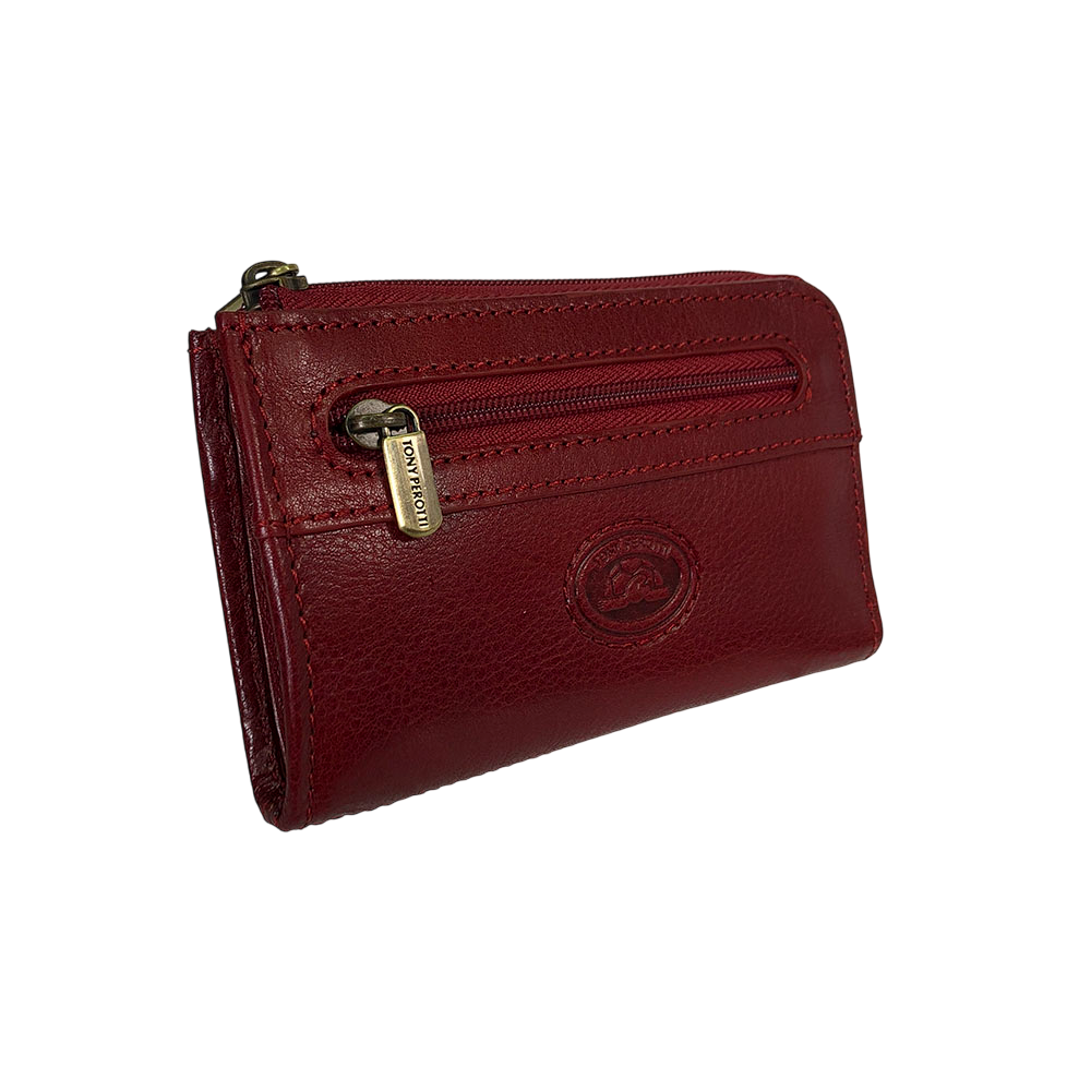Red leather key case, angled view with branded brass zip pull — Tony Perotti Italico 1941L rosso