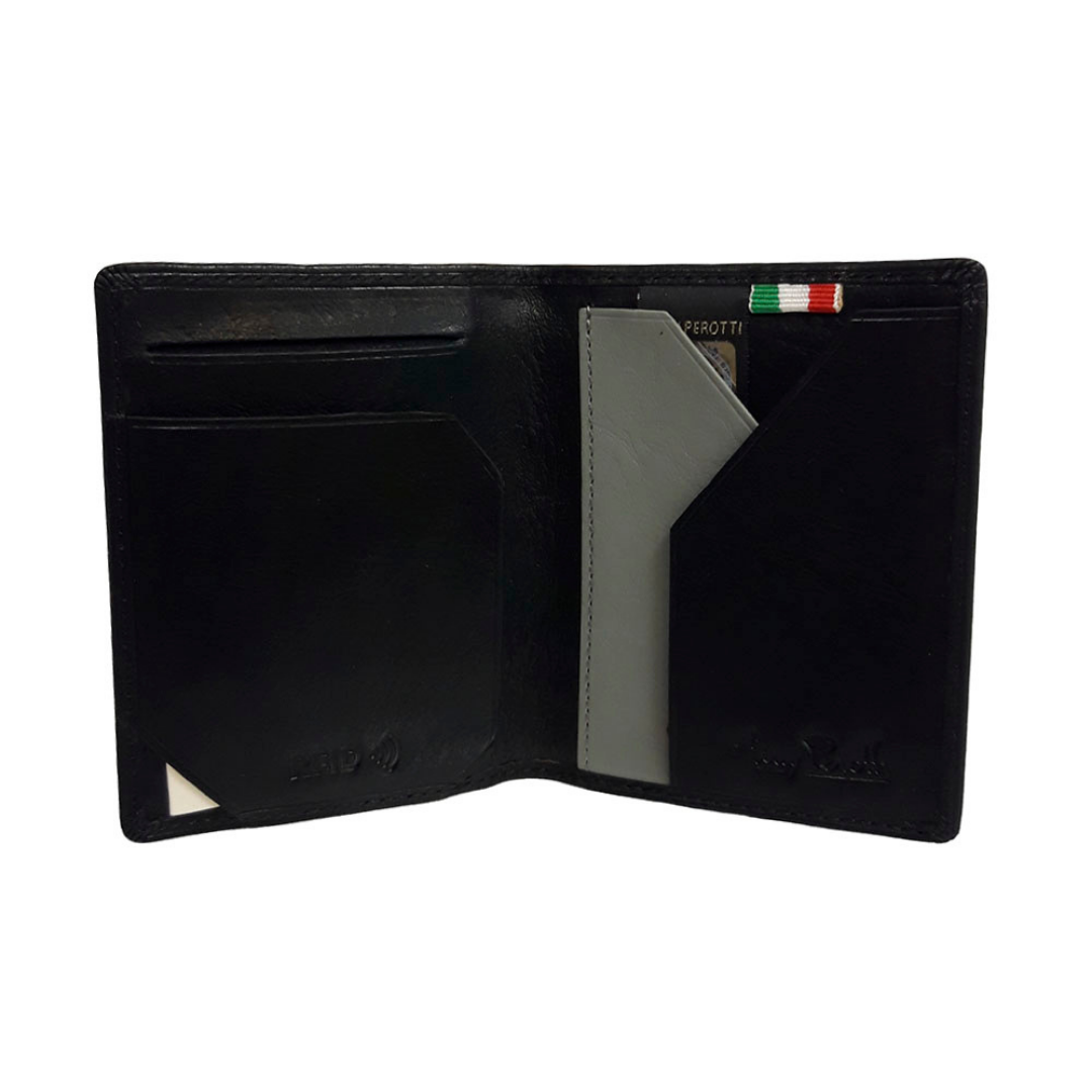 Tony Perotti Nevada 3813 nero — opened out with a card in the diagonally cut right-hand pocket