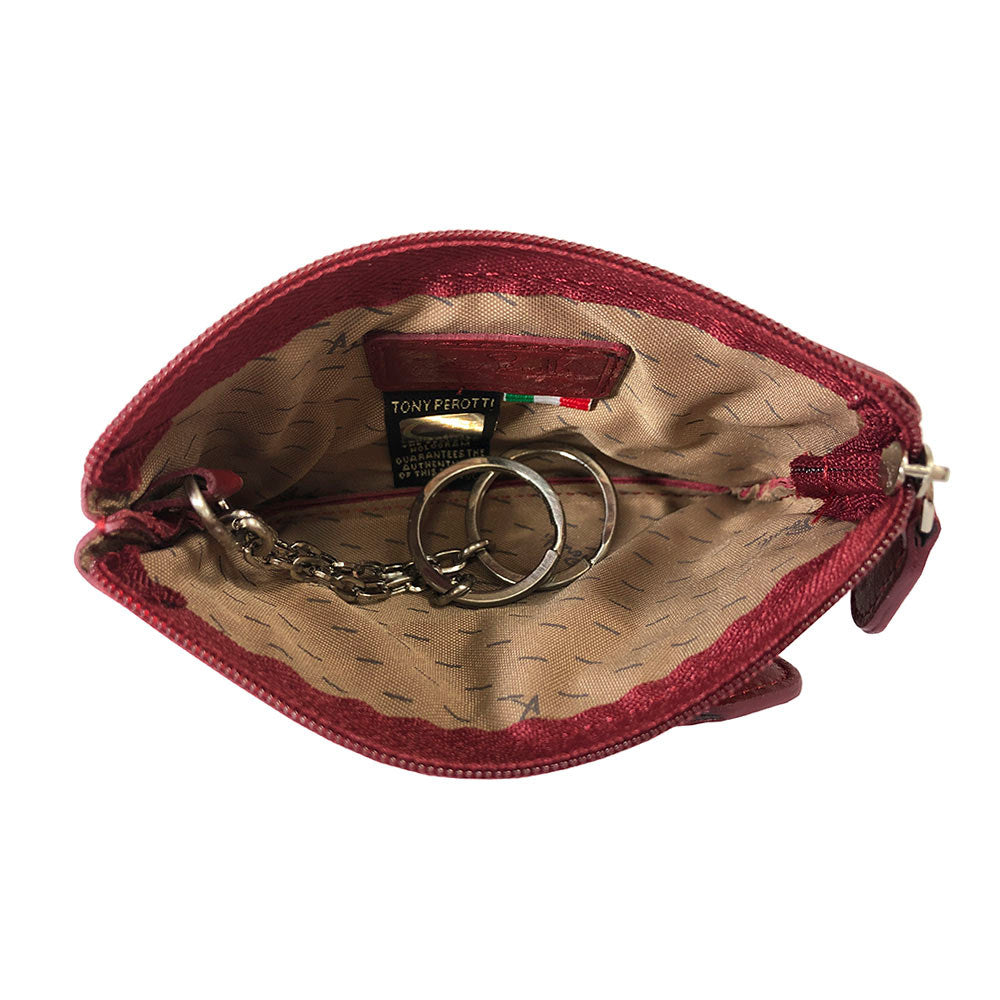 Tony Perotti New Rainbow 359S rosso — opened: the beige brand-print lining, the sewn-in authenticity tag and the two rings on chains