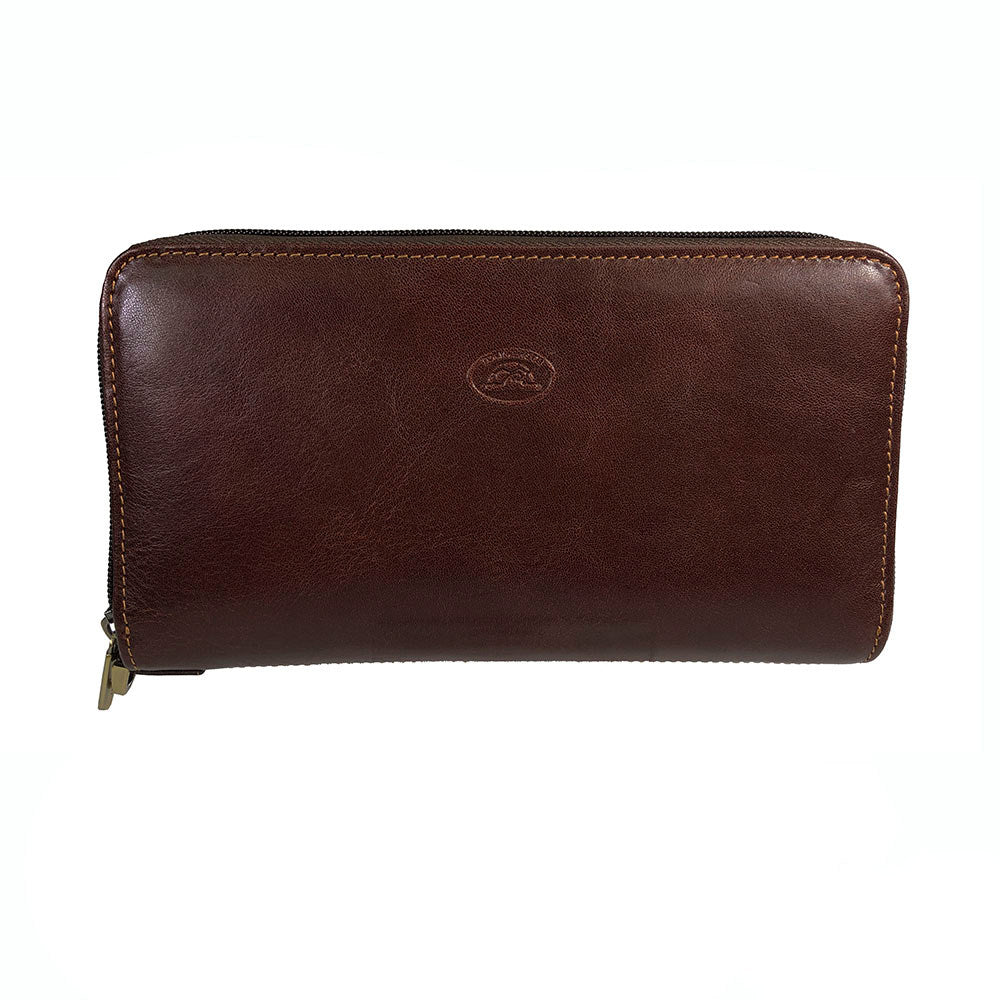 Tony Perotti Italico 3528-21 men's dark brown leather zip-around wallet-clutch — front view with embossed turtle emblem and contrasting stitching