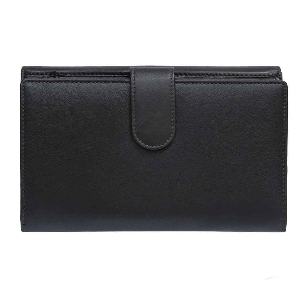 Back of the dark brown Tony Perotti Cortina 5073 wallet — a plain leather panel with the snap tab crossing the edge