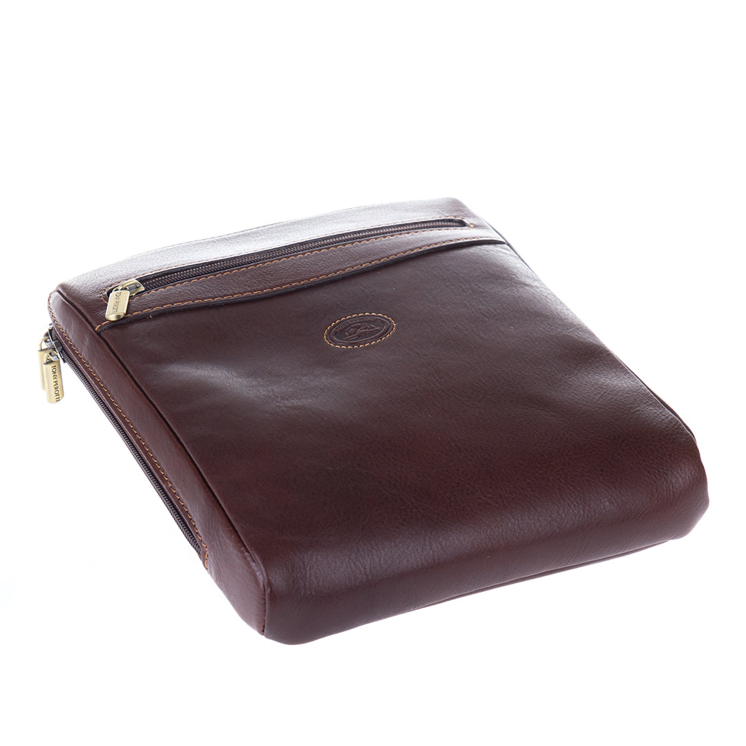 Tony Perotti Italico 9137-20 dark brown bag lying flat — slim gusset and side-opening main zip