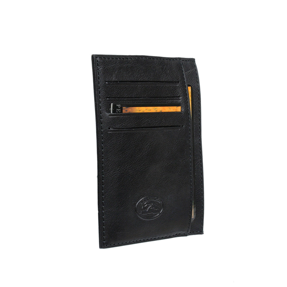 Black leather card holder angled view with card in slot — Tony Perotti Italico 1203 nero
