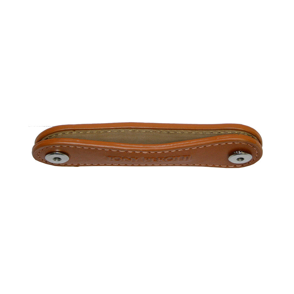 Tony Perotti Nevada KR-198 arancio — seen edge-on: the folded strap with a post at either end and the natural undyed reverse inside