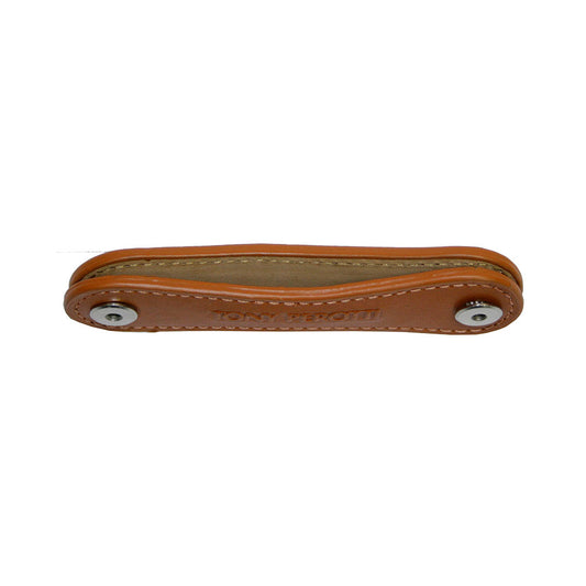 Tony Perotti Nevada KR-198 arancio — seen edge-on: the folded strap with a post at either end and the natural undyed reverse inside