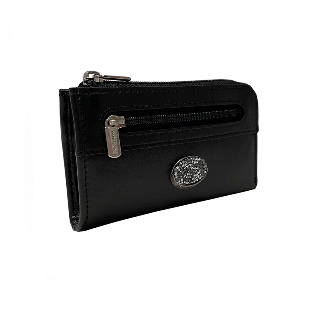 Tony Perotti Swarovski 1941L nero — front view showing the zip pocket, the branded zip pull and the oval plaque set with clear Swarovski crystals