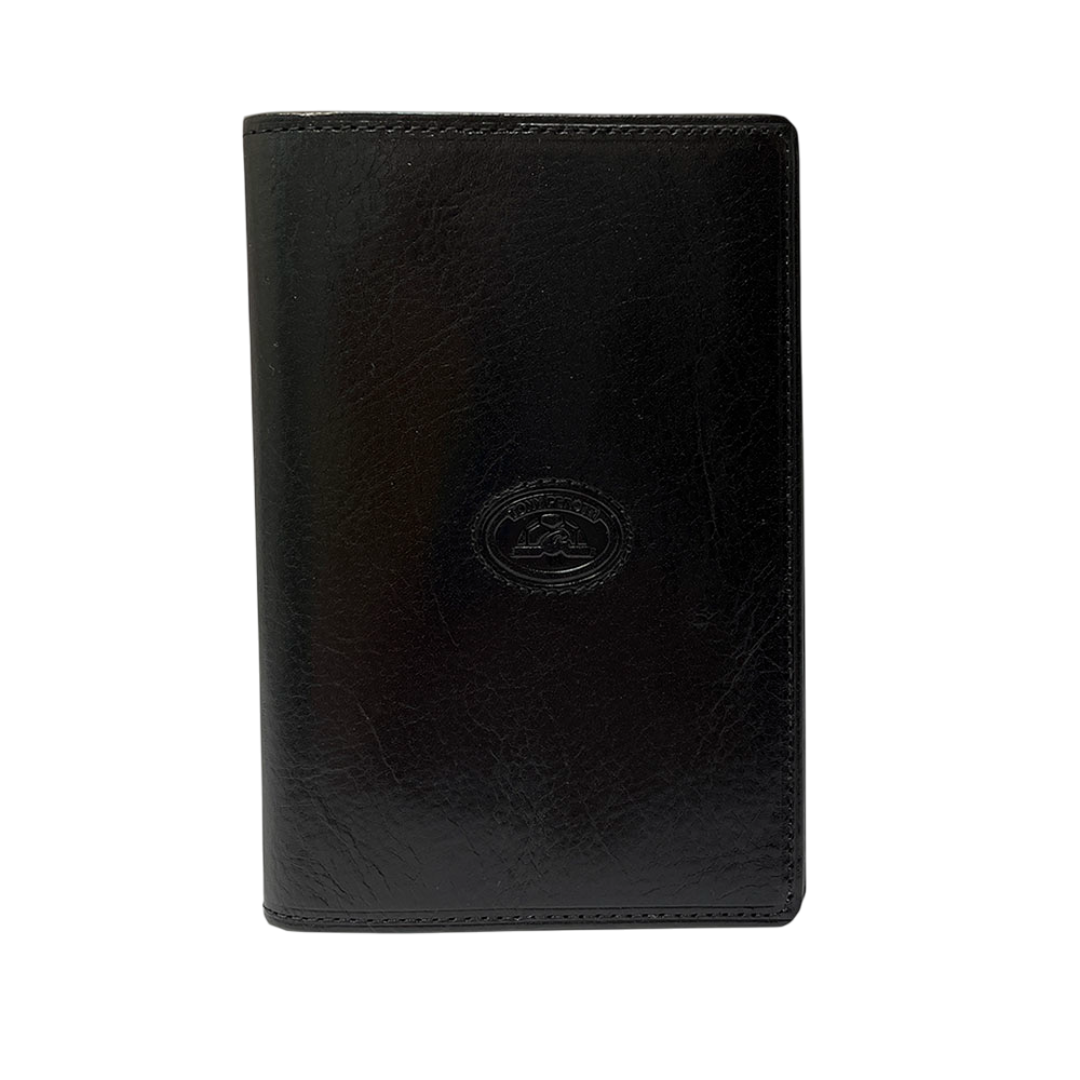 Black leather passport cover Tony Perotti Italico 3614 nero — front with the embossed oval turtle emblem and the brand name