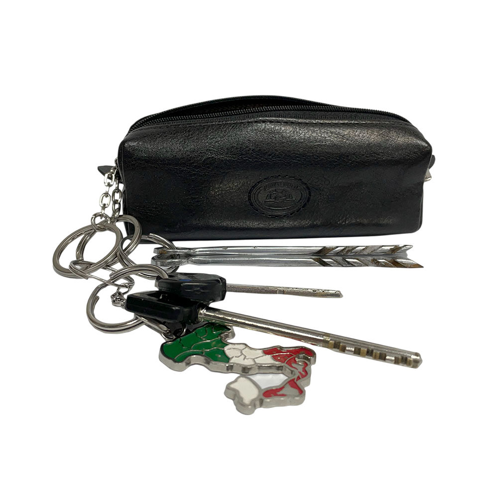 Black leather key pouch shown with a full bunch of keys attached to its rings — Tony Perotti Italico 3297 nero